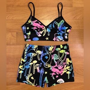 UV Reactive Mushroom Bra Top & Bike Shorts Set
